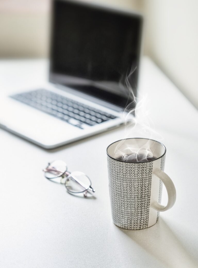 desk, tea, coffee, table, coffee cup, laptop, tea cup, cup, mug, workplace